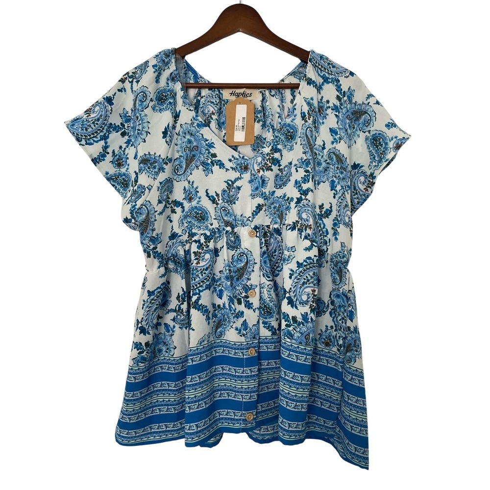 Haptics Top M Blue Paisley Babydoll Cottagecore English Cottage Tea Party Boho